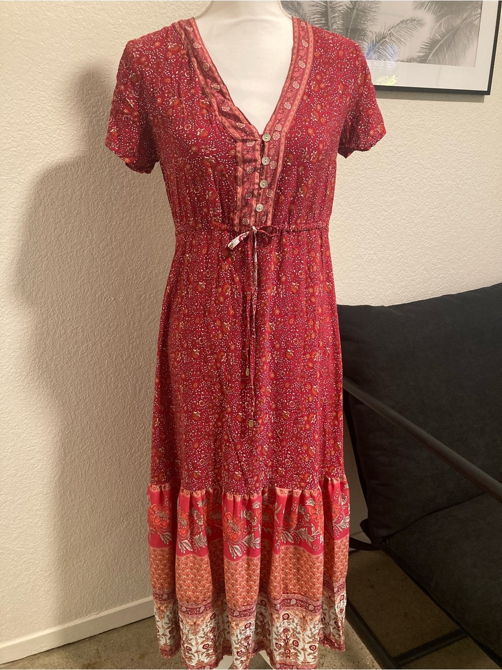 Red Floral Tiered Maxi Dress with Drawstring Waist